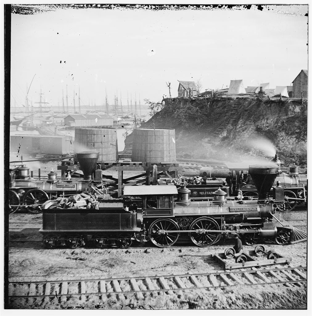 Locomotives and workers of the United States Military Railroad at City Point, Virginia