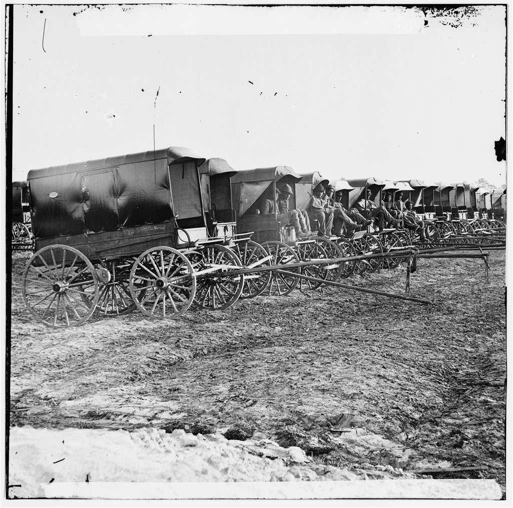 Rows of army wagons and teams at City Point, Virginia, during the American Civil War