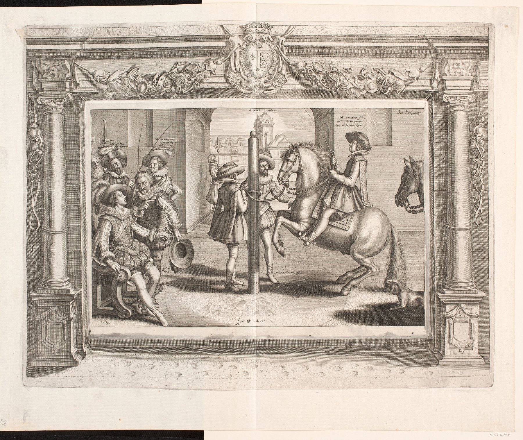 Engraving of Louis XIII learning horsemanship with a horse working between pillars