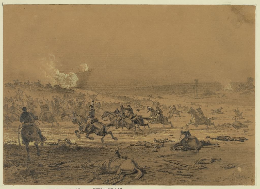 Edwin Forbes drawing of mounted troops charging through smoke during the American Civil War