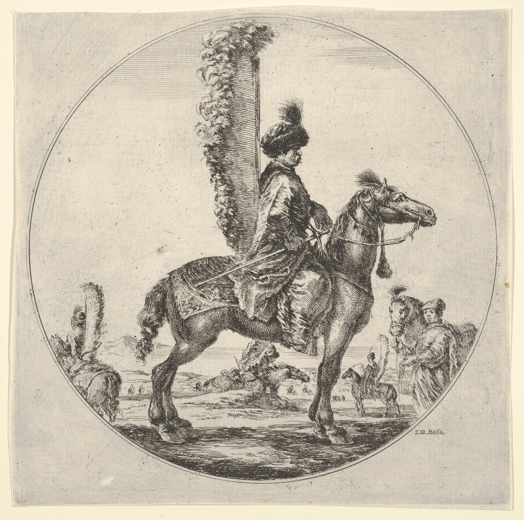 Seventeenth-century etching of a Polish hussar on horseback